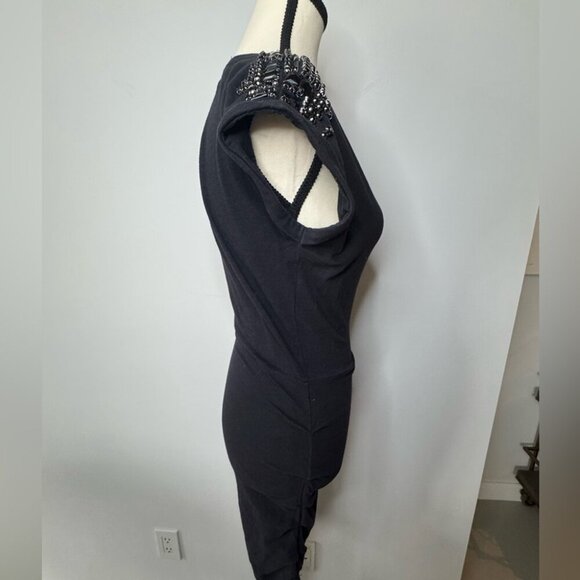Maje Black Jersey Dress – Embellished Shoulders, Size 1 - Picture 3 of 11
